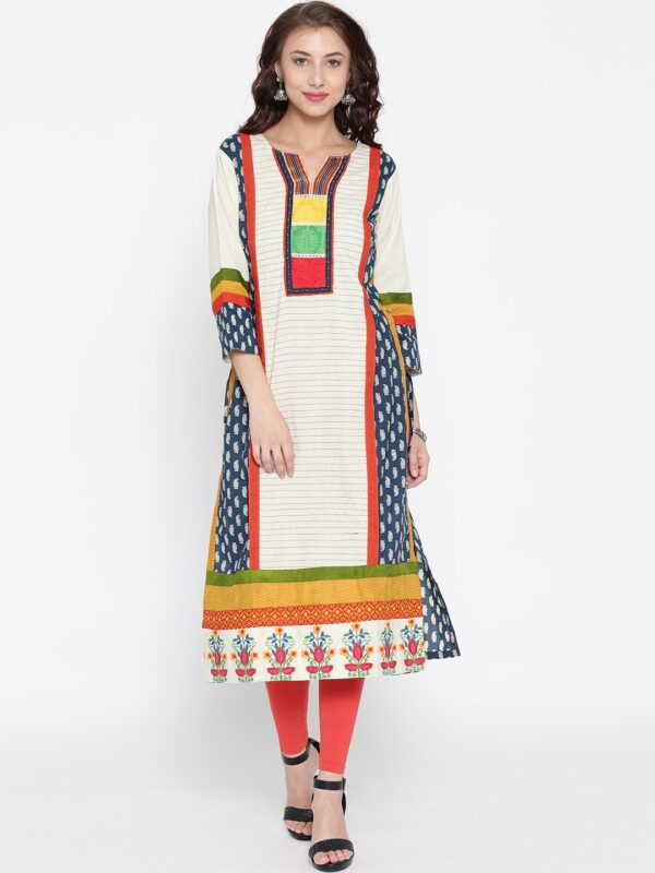 Sabhyata Women Off-White  Navy Blue Printed Straight Kurta