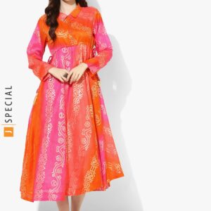 Sangria Shirt Collar Long Sleeves Printed Kota Doriya Circular Godet Anarkali With Waist Tie Up Detail