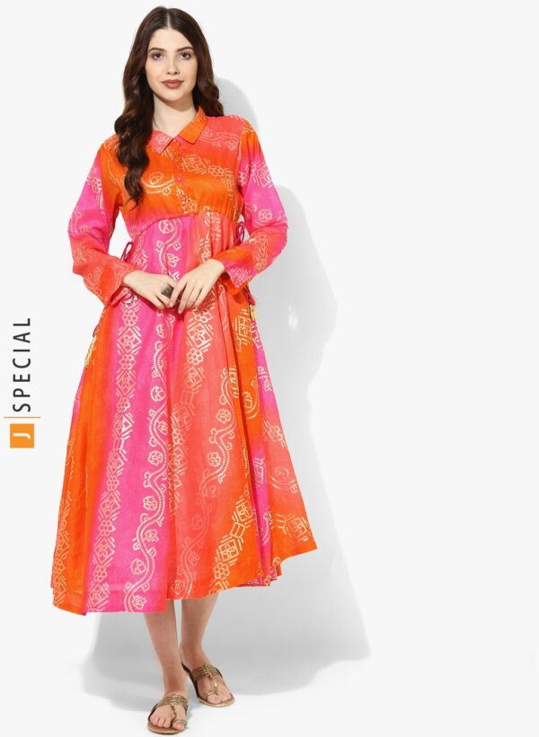 Sangria Shirt Collar Long Sleeves Printed Kota Doriya Circular Godet Anarkali With Waist Tie Up Detail