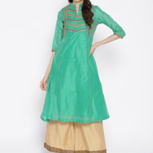 Sangria Women Green Chanderi Embroidered Yoke Design A-Line Kurta