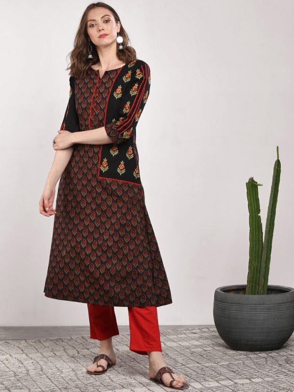 Sangria Women Black  Red Printed A-Line Kurta