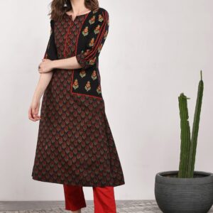 Sangria Women Black  Red Printed A-Line Kurta