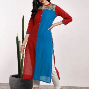 Sangria Women Maroon  Blue Colourblocked Straight Kurta