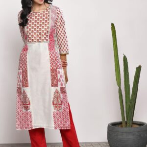 Sangria Women Red  Off-White Printed Straight Kurta