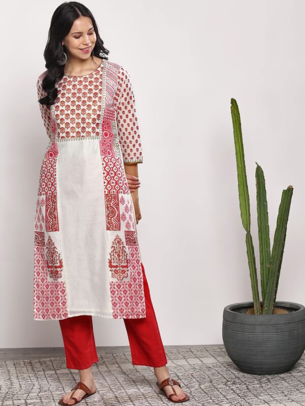 Sangria Women Red  Off-White Printed Straight Kurta