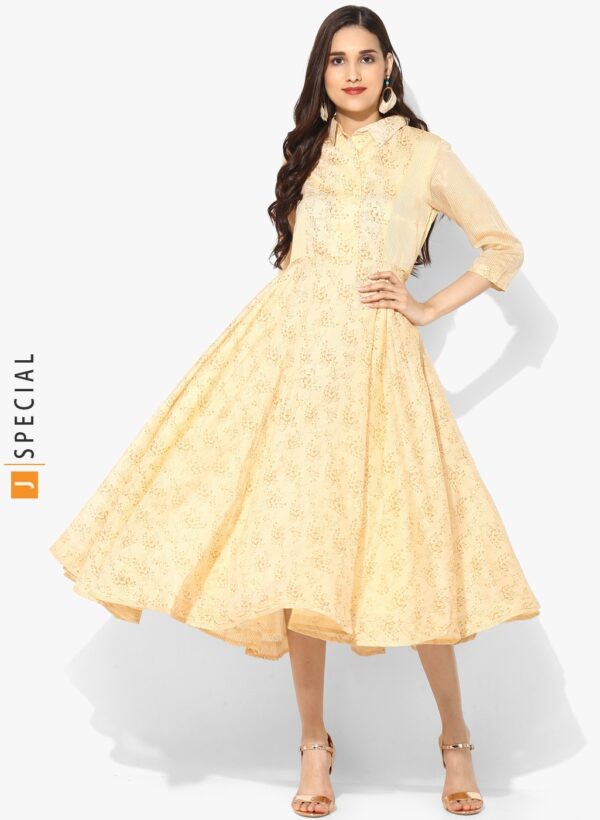 Sangria Textured Printed Shirt Collar Anarkali With 3/4Th Sleeves