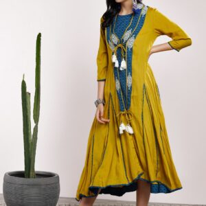 Sangria Women Yellow  Blue Embroidered Anarkali Kurta