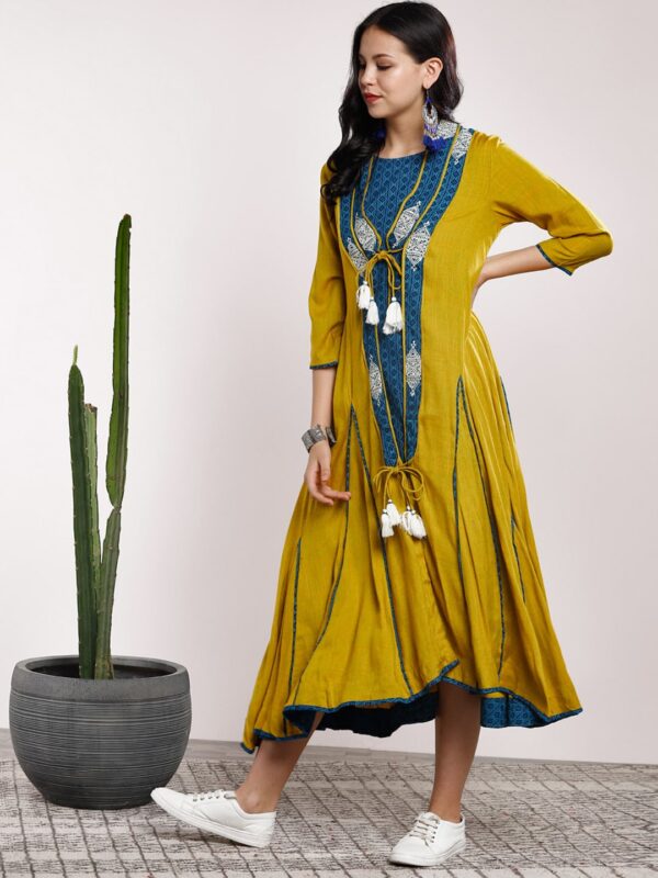 Sangria Women Yellow  Blue Embroidered Anarkali Kurta