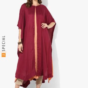 Sangria Maroon/Orange Round Neck Color Blocked Double Layer Kaftan With Anarkali Inner Kurta