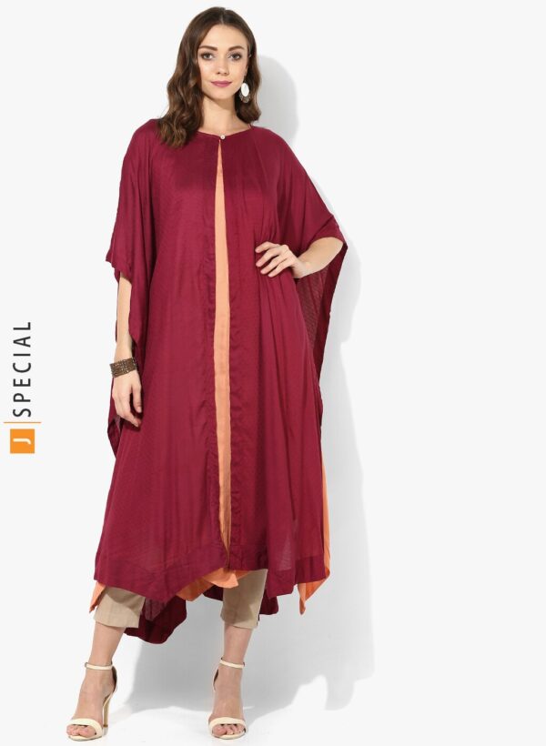 Sangria Maroon/Orange Round Neck Color Blocked Double Layer Kaftan With Anarkali Inner Kurta