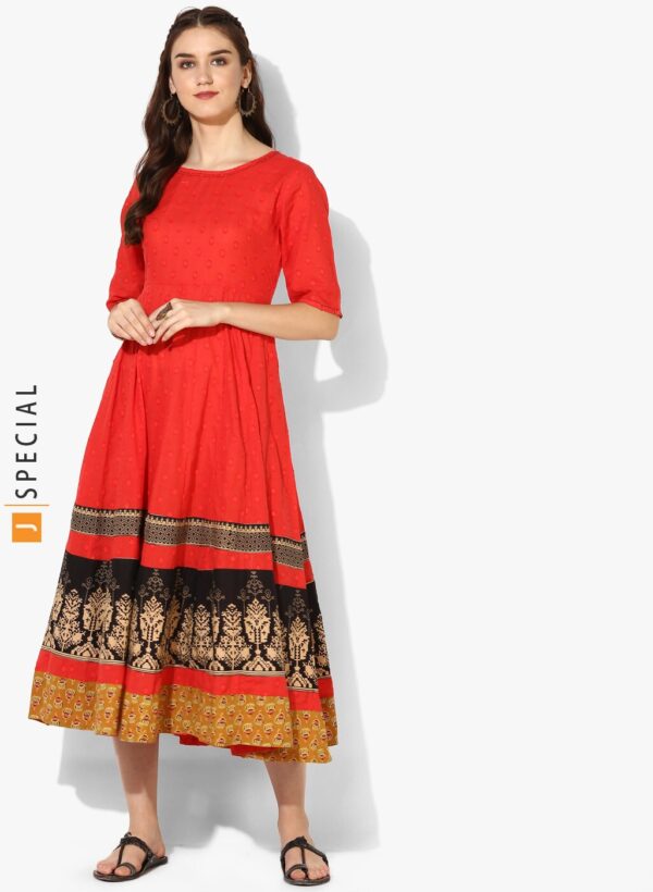 Sangria Textured Prinetd Round Neck Circular Anarkali With Elbow Length Sleeves