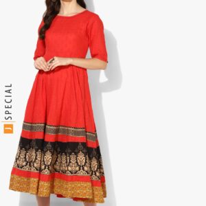 Sangria Textured Prinetd Round Neck Circular Anarkali With Elbow Length Sleeves