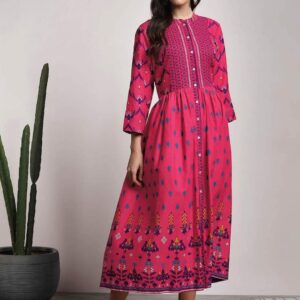 Sangria Red Band Collar 3/4th Sleeves Mughal Printed Anarkali