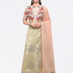 Satrani Cream-Coloured  Peach-Coloured Raw Silk Semi-Stitched Dress Material