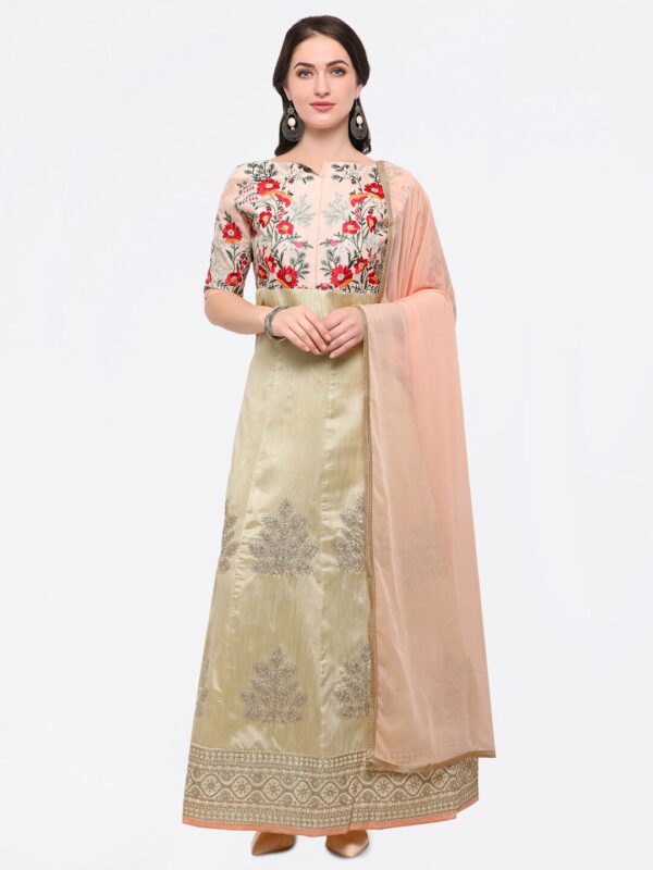 Satrani Cream-Coloured  Peach-Coloured Raw Silk Semi-Stitched Dress Material