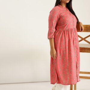 Sztori Plus Size Women Coral Pink  Green Printed A-Line Kurta