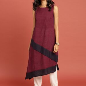 Taavi Women Maroon Woven Legacy South Cotton Asymmetric Sustainable Kurta