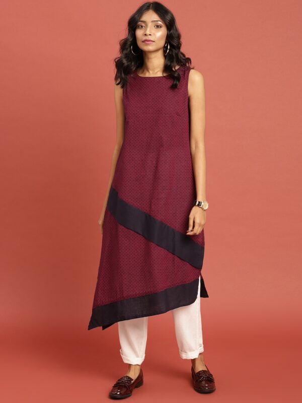 Taavi Women Maroon Woven Legacy South Cotton Asymmetric Sustainable Kurta