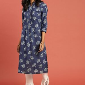 Taavi Women Blue Indigo Sustainable A-Line Kurta with Pleats