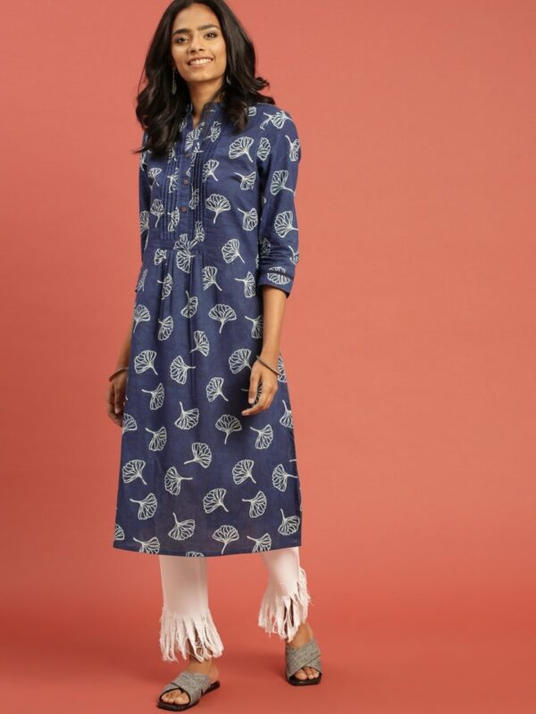 Taavi Women Blue Indigo Sustainable A-Line Kurta with Pleats