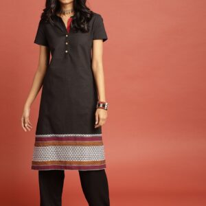 Taavi Women Black Solid South Cotton Woven Legacy Straight Sustainable Kurta