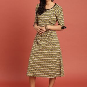 Taavi Women Mustard Yellow  Cream-Coloured Bagru Hand Block Print Sustainable Kurta with Tassels