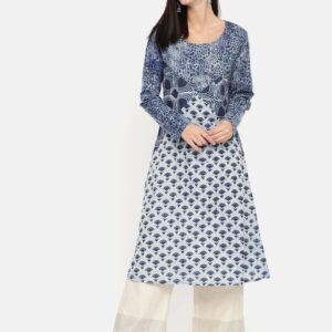 Taavi Women Blue Indigo Hand Block Print Sustainable A-Line Kurta with Lace Inserts