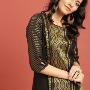 Taavi Women Black  Gold-Toned Woven Design A-Line Sustainable Kurta