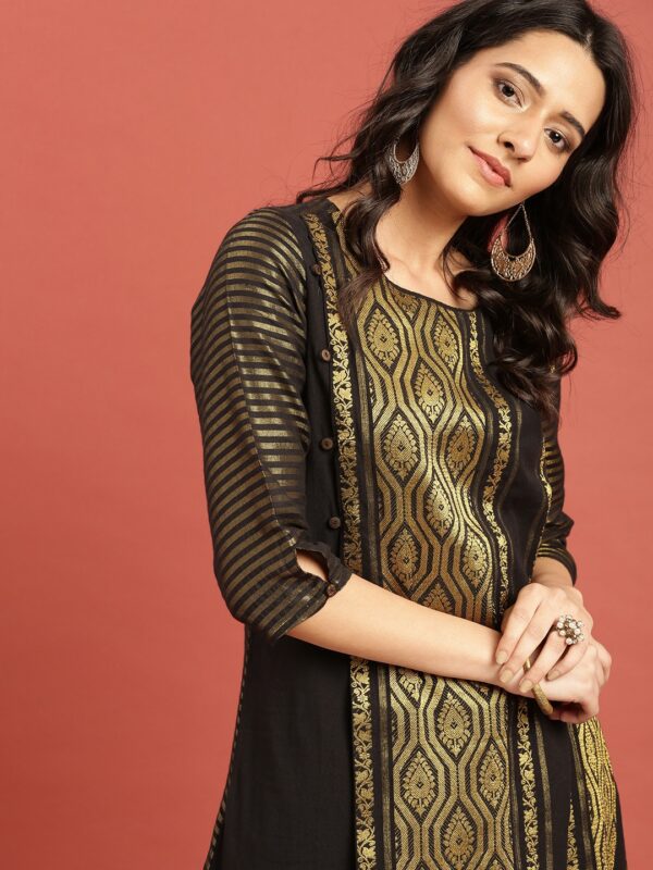 Taavi Women Black  Gold-Toned Woven Design A-Line Sustainable Kurta