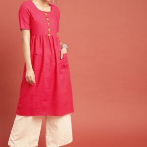 Taavi Women Fuschia Woven Legacy A-Line Sustainable Kurta with Pockets  Button-Detail