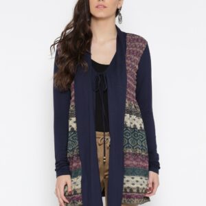 Wills Lifestyle Navy  Beige Printed Longline Shrug