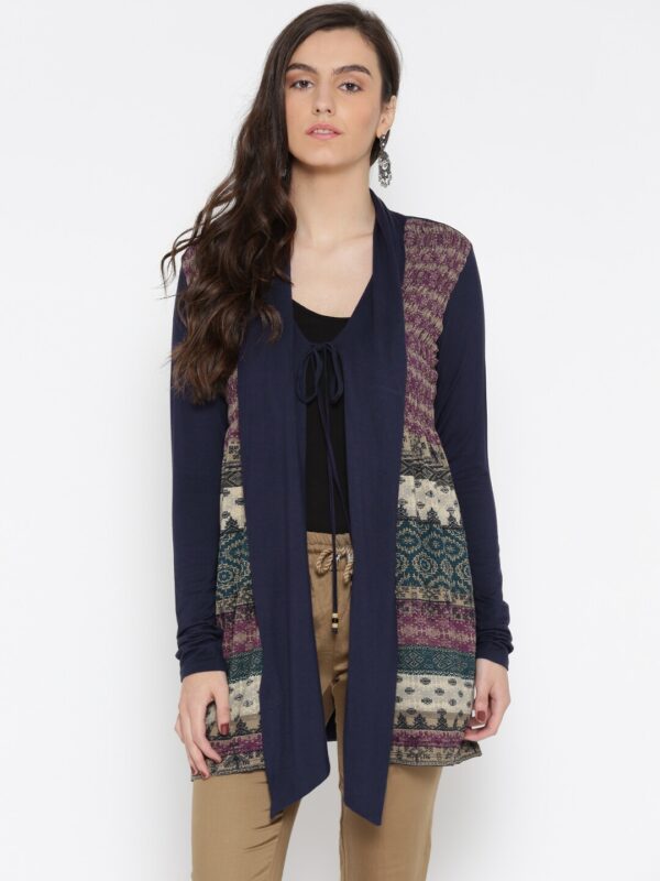 Wills Lifestyle Navy  Beige Printed Longline Shrug