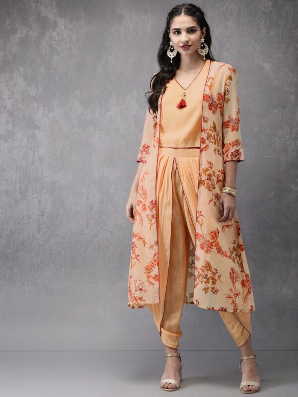 Anouk Women Printed Top with Dhoti Pants & Jacket