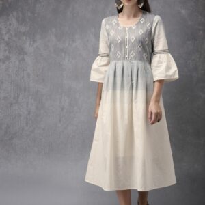 Anouk Women Grey & Cream-Coloured Embroidered A-Line Kurta