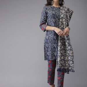 Anouk Women Navy Printed Kurta with Trousers & Dupatta