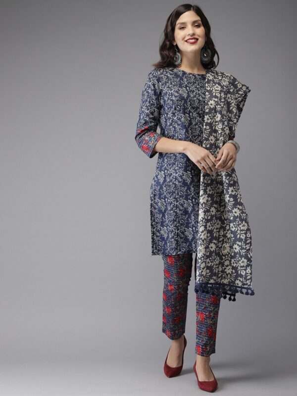 Anouk Women Navy Printed Kurta with Trousers & Dupatta