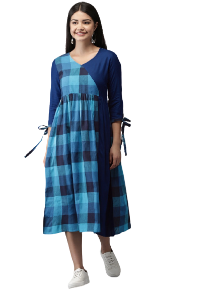 Anouk Women Blue Checked Fit & Flare kurta