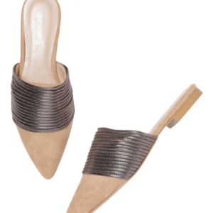 DressBerry Women Beige & Gunmetal-Toned Striped Mules