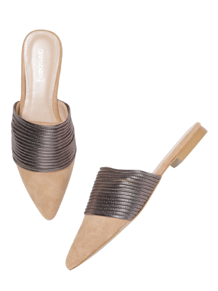 DressBerry Women Beige & Gunmetal-Toned Striped Mules