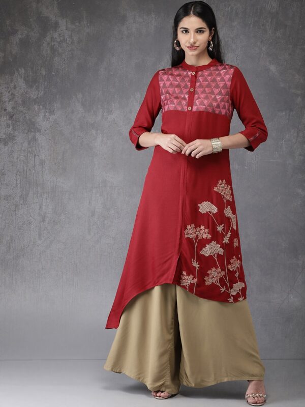 Anouk Women Embroidered Asymmetrical Hem A-Line Kurta