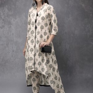 Anouk Women Beige & Black Printed Kurta with Trousers