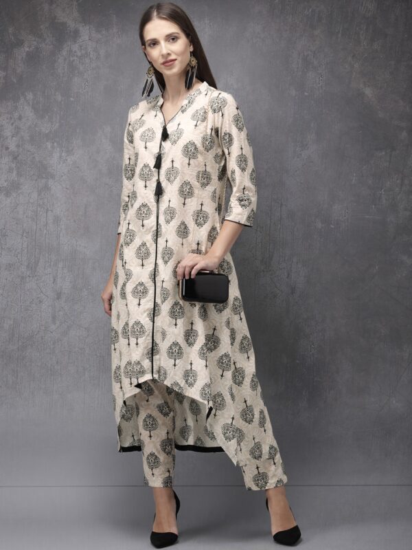 Anouk Women Beige & Black Printed Kurta with Trousers