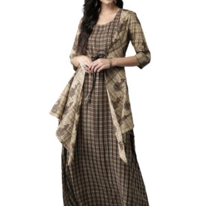 Anouk Women Checked A-Line Fusion Kurta With Printed Shrug