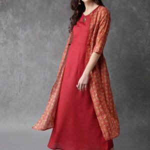 Anouk Women Solid Kurta with Trousers & Ethnic Jacket