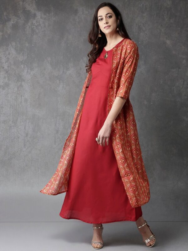 Anouk Women Solid Kurta with Trousers & Ethnic Jacket