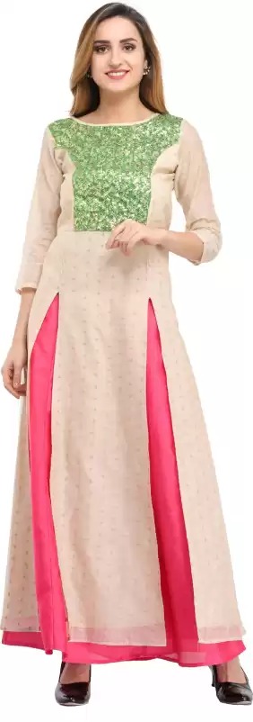 Cottinfab  Women Embellished Poly Silk Frontslit Kurta