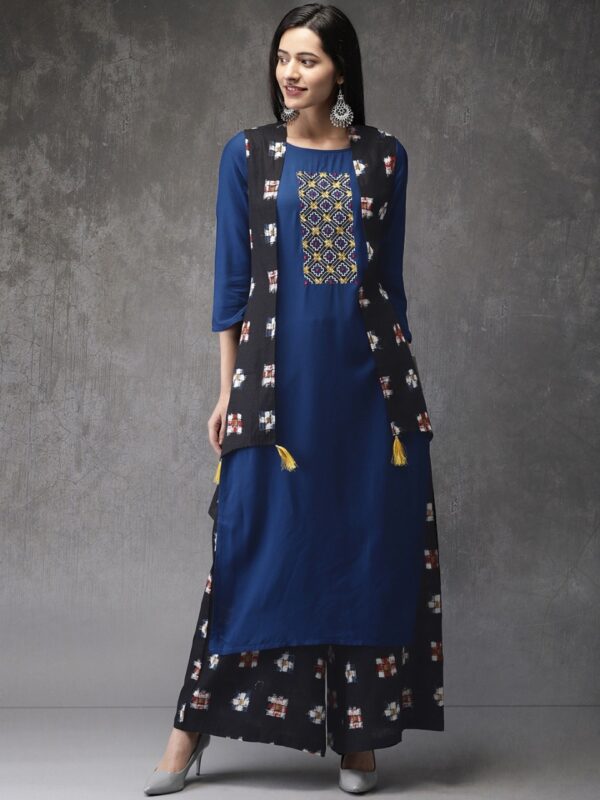 Anouk Women Embroidered Kurta with Palazzos And Ethnic Jacket