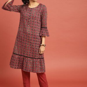 Taavi Women Ajrakh Hand Block Print Sustainable A-Line Kurta with Lace Inserts