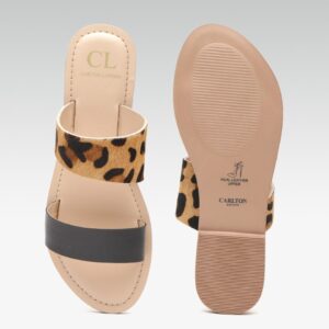 Carlton London Women Leopard Print Leather Open Toe Flats