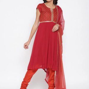 Rangriti Women Red & Rust Orange Self-Design Kurta with Churidar & Dupatta